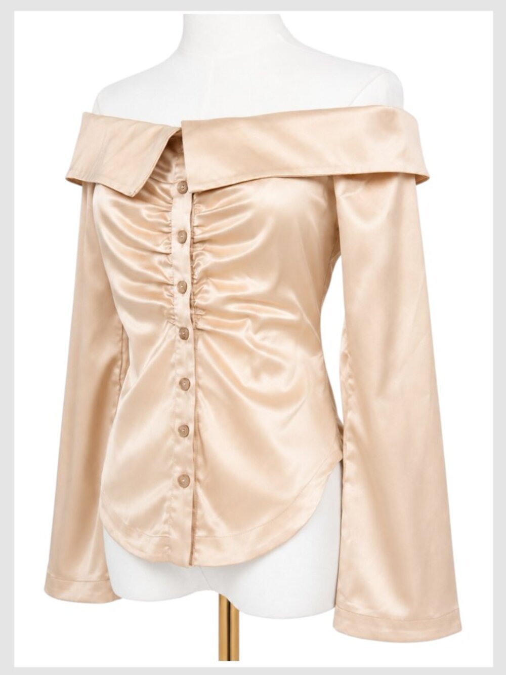 Anthropologie Off Shoulder Satin Ruched Blouse Champagne Cream XS - Picture 5 of 9